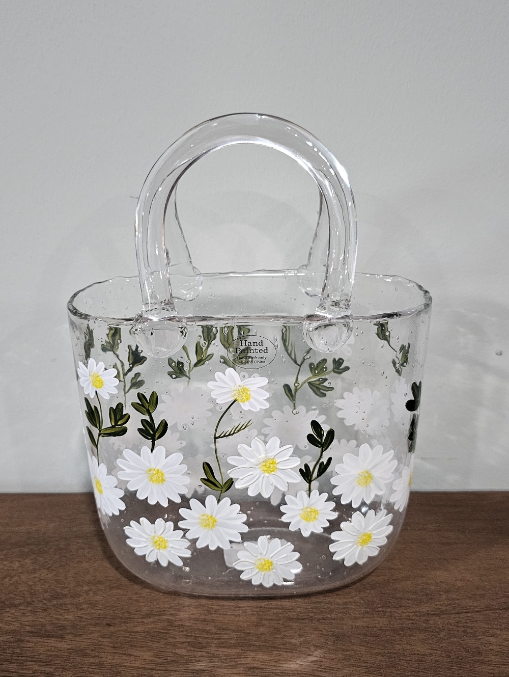 Hand Painted Glass Handbag vase  Clear With White Flowers